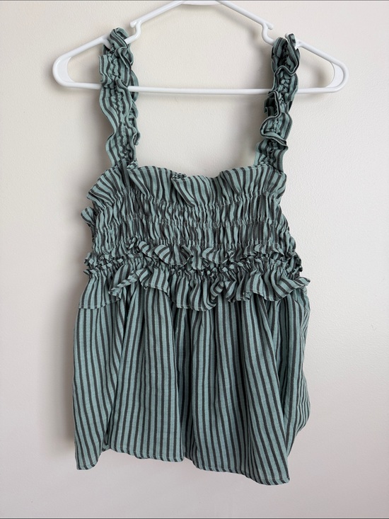 Camellia Tops - Smocked Ruffle Striped Tank Top - Sage/Teal Green with Charcoal Stripes